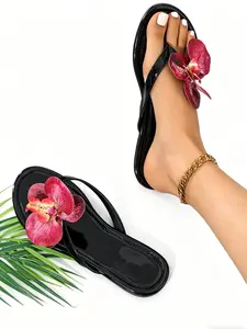 Women's Patent Leather Sandals, 3D Butterfly Orchid Flower Decoration, Flat Sole Slip-On Summer Beach Vacation Casual Shoes