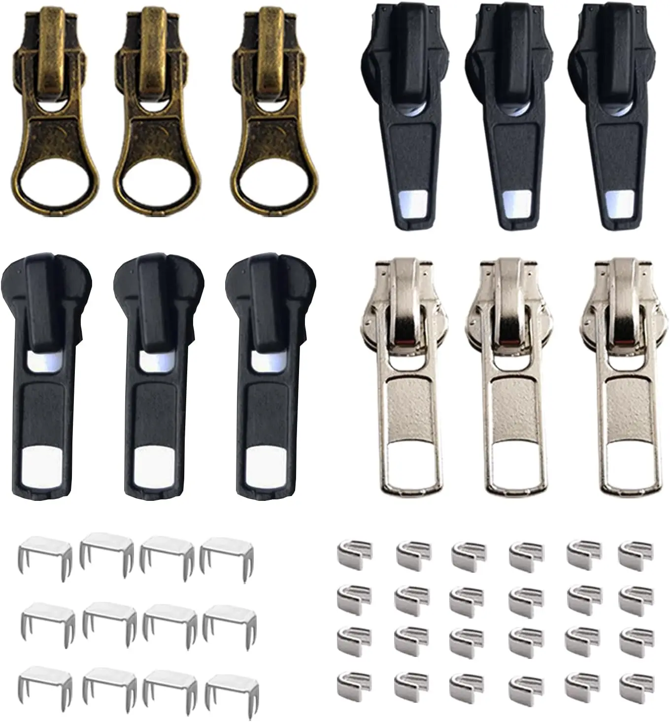 Zipper Repair Kit #5 Zippers Pull 12 count, Sliders, Top Stop & Bottom Replacement, Fix Zip On for Repairing Coats,Jackets with Metal, Plastic and Nylon Coil