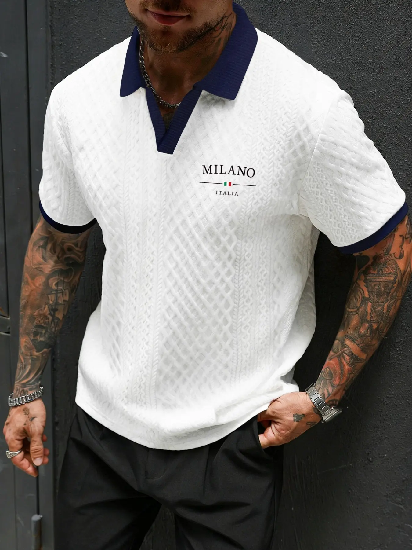 Men's Summer Milano Letter Print Polo Shirt, Slim-Fitting, Breathable, Comfortable, Business Casual, Short Sleeve T-Shirt Top, Menswear, Printed Polo Shirt, Summer Polos