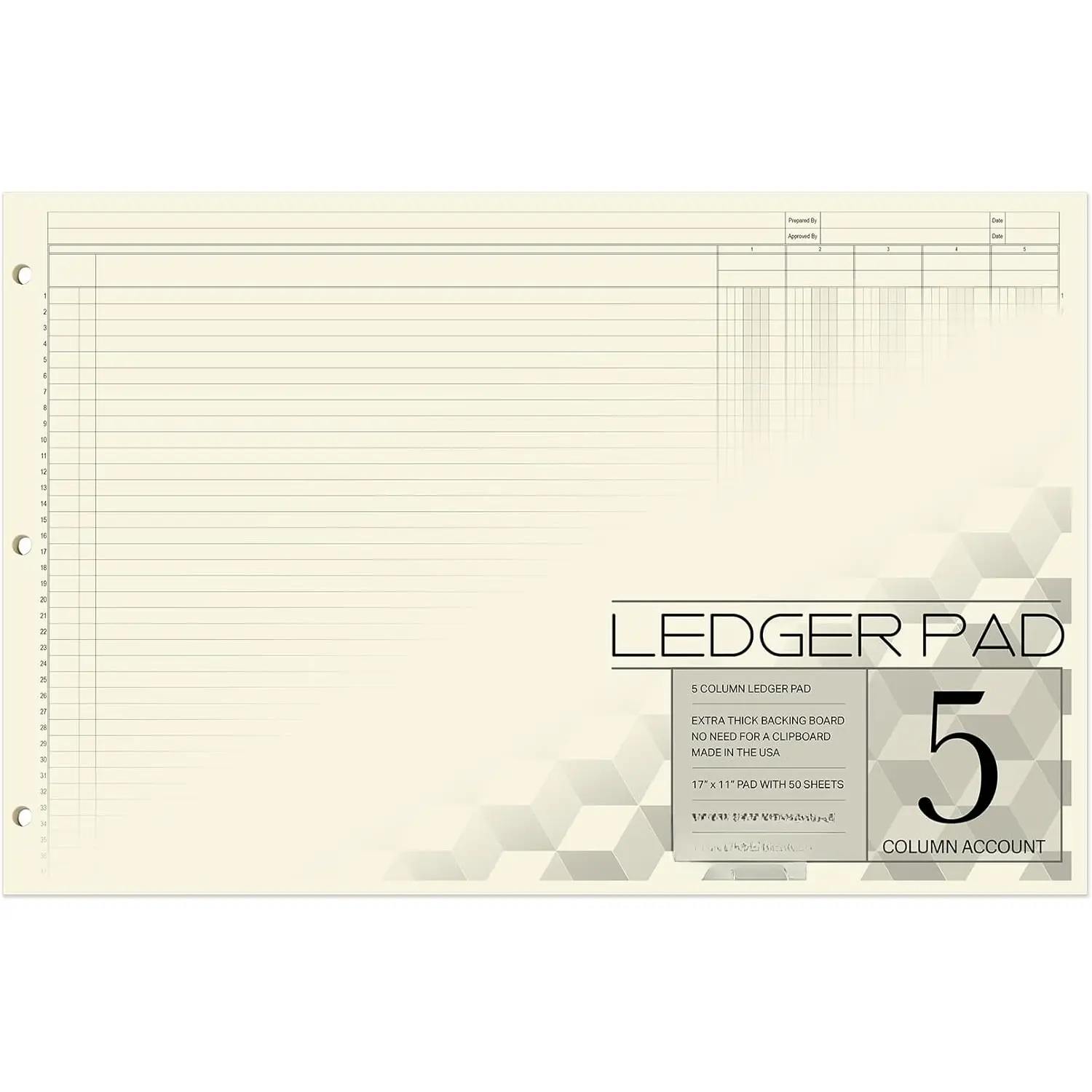 Ledger Pad/Large 5 Column Accounting Ledger Columnar (Five Columns) Pads - 17" x 11", 50 Pages, Notepad Landscape Format (PAD-050-CLCPD3(17x11-Ledger-5)-AX)