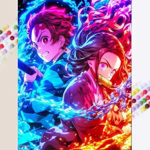 1 set of DIY diamond painting kit, 5D diamond art kit, DIY decoration Tanjiro, Nezuko, colorful pattern diamond painting kit with full round diamonds, mosaic, diamond art, DIY art home decor, suitable for Christmas.