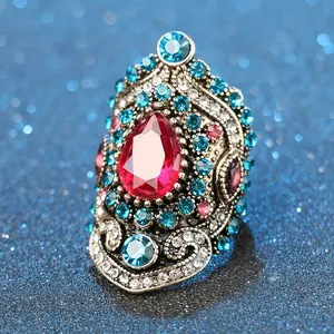 Exquisite Vintage Faux Ruby Ring Sparkling Gorgeous Rhinestone Decor Ring Gift For Women Mom