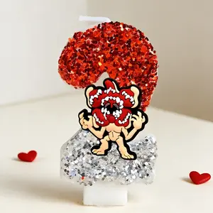 Cute Piranha Plant Number Candle Set Glitter Red  and Silver 0-9 Number Cake Toppers Customizable Age Decor for Video Game Themed Birthday Parties It can also be collected as a figurine