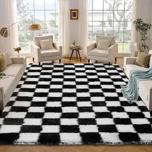 9x12 Area Rugs for Living Room, Large Rug for Bedroom, Soft Plush Black and White Checkered Rug Big Fuzzy Shag Shaggy Carpets for Boys Girls Teen Room Dorm Nursery Home
