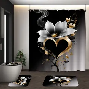 LVRLVR 4Pcs Elegant Black & Gold Lotus with Heart Print Modern Luxe White & Gold Multi-Color Shower Curtain Set 70.8×70.8 Inch
