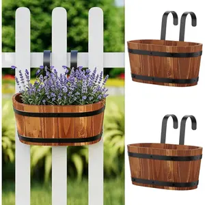 Hanging Wooden Flower Pots Railing Planter for Any Balcony Porch or Deck Countryside Style with Detachable Hooks for Garden Yard Home Decor (Brown)
