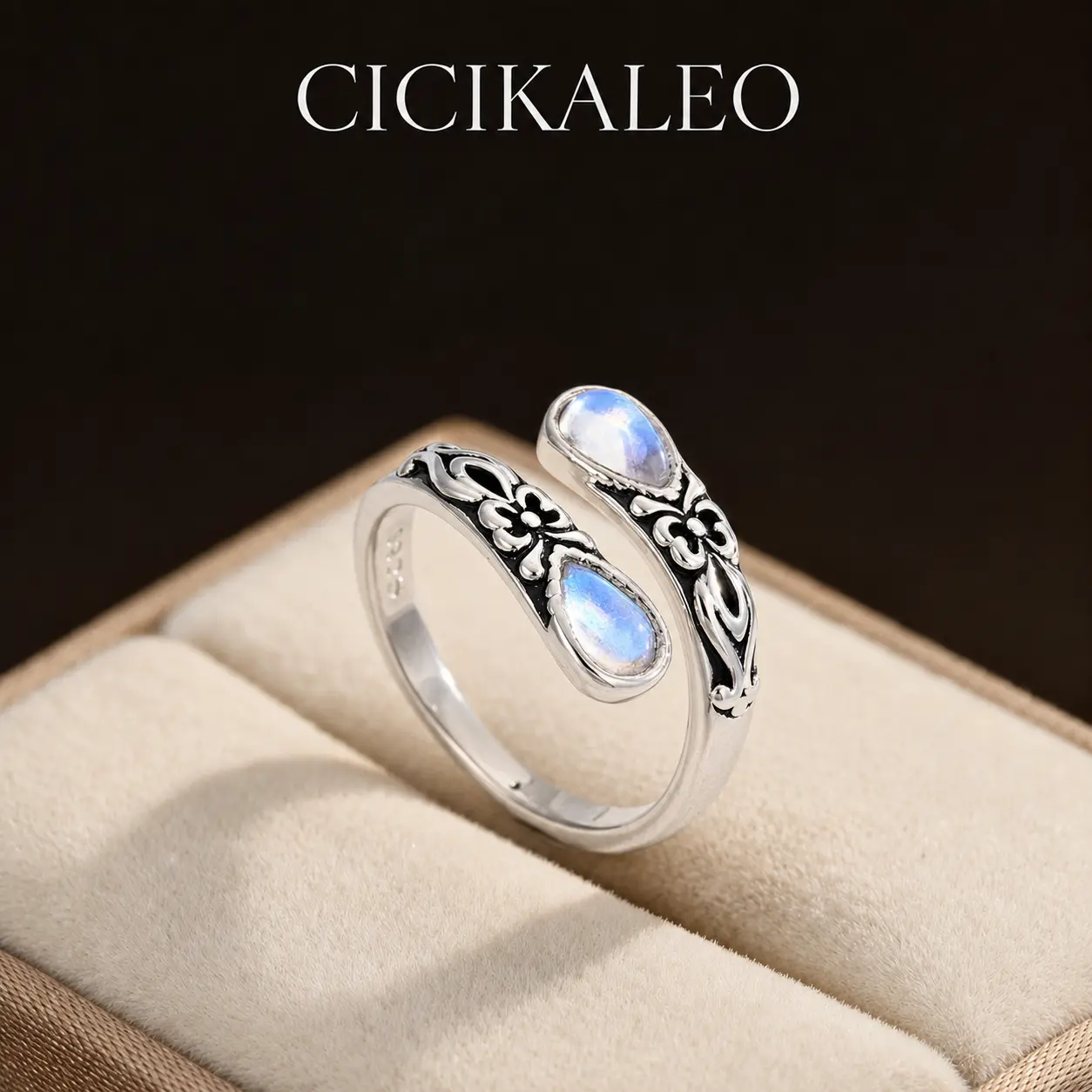CICIKALEO S925 Sterling Silver Moonstone Synthetic Women's Adjustable Thumb Open Ring, Victoria Vintage Style Hypoallergenic Nickel Free, Retro Floral, Lucky, Faith, Mother's LXove Ring, Bohemian Style, Daily, Party, Holiday,