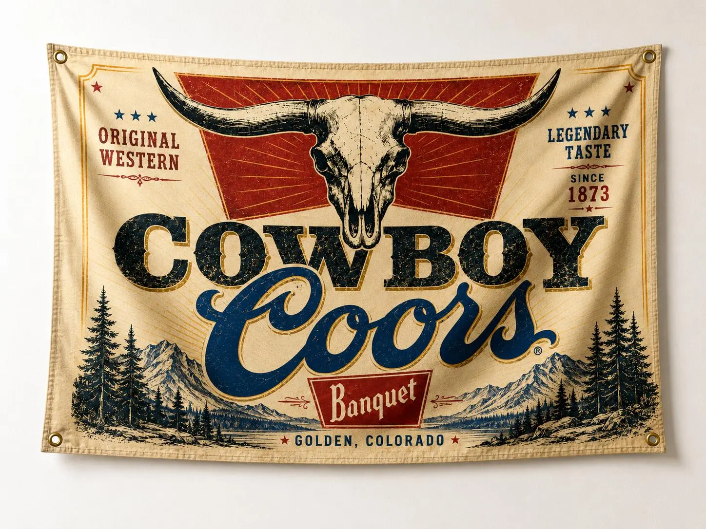 Cowboy Coors Banquet Western Flag, Vintage Bull Skull Wall Tapestry, Rustic Colorado Beer Decor, Man Cave Bar Garage Gift for Men