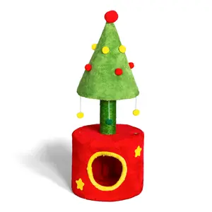 Rebuyhome 30in Cat Scratching Post with Cat House for Indoor Kitten, Small Cat Tree Tower with Sisal Post and Cute Hanging Balls, Red & Green