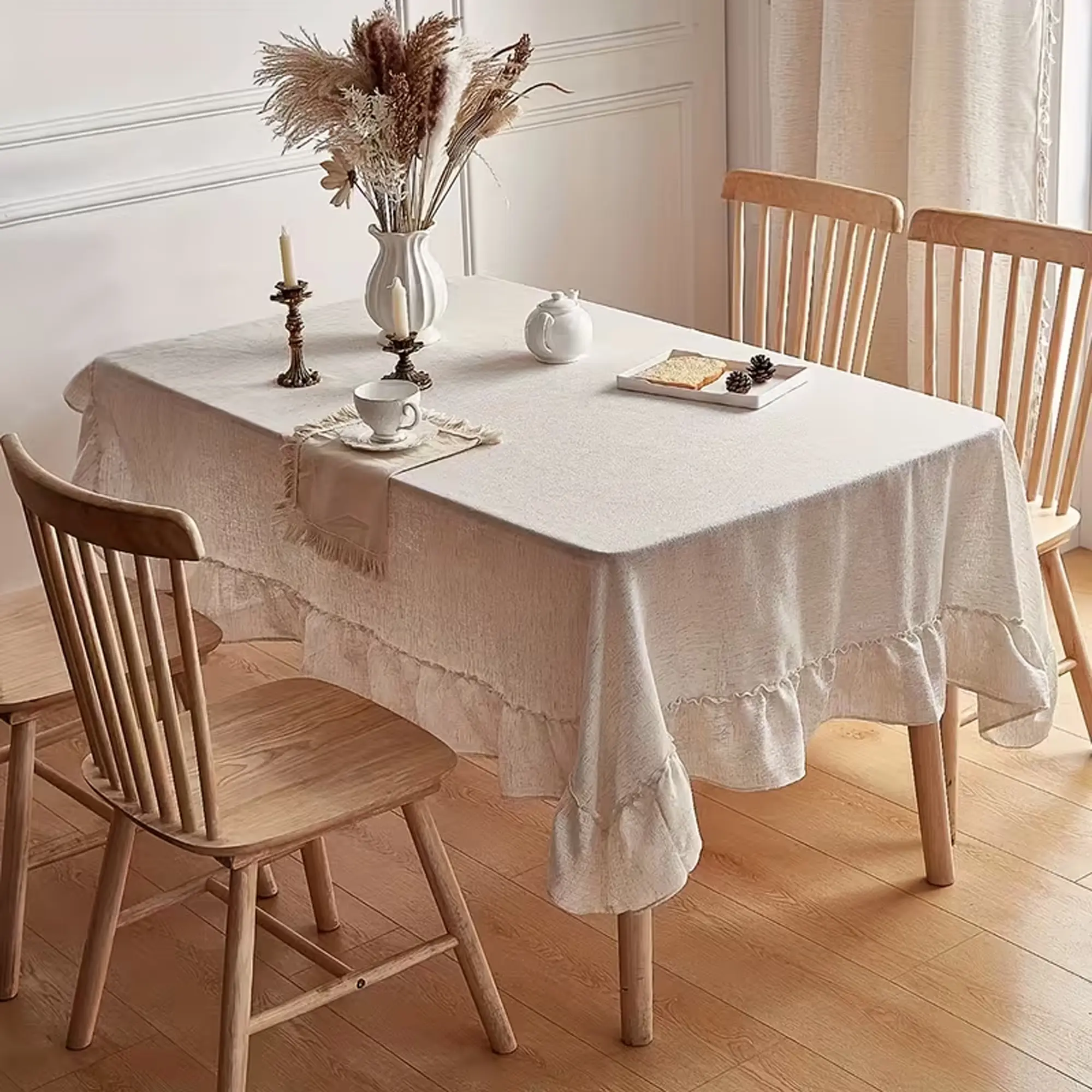 1pc Elegant Solid Color Tablecloth with Natural Frill Edge, Layered Ruffled Design, Perfect for Restaurant Decor, Decoration, Banquets, Parties, Festive Dinners, Washable Table Cover