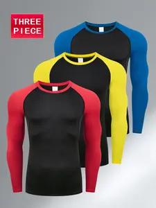 Men's Colorblock Long Sleeve Sports Tee, Quick Drying Breathable Compression Raglan Sleeve T-shirt for Gym Workout Running Training, Men's Sportswear for Fall & Winter, Fitness Running Tops