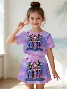 Girls' 3D Cartoon Print Top and Skirt Set, Summer Casual Slim-Fit, Round Neck Short Sleeve, Daily Wear for Kids