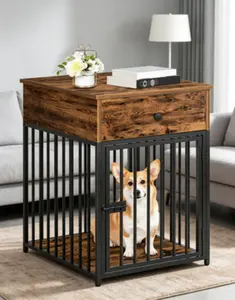 Wooden Dog Crate Furniture, Indoor Decorative Dog Kennel with Storage Drawer, Multi‑Functional Pet Crate Side End Table for Small Dogs, Sturdy Steel‑Tube Puppy Cage, Chew‑Resistant Design, Greige Finish BG01GW03