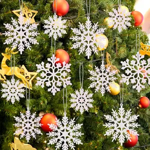 45 Pack White Glitter Snowflake Ornaments,Christmas Plastic Glitter Snow Flakes, Hanging Snowflake Decorations for Winter Christmas Tree