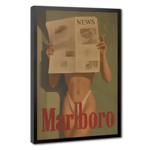 Vintage Retro Cigarette Girl Reading the Newspaper Aesthetic Marlboro Poster | Mid-Century Modern Noir Canvas Wall Art | Solid Wood Framed Ready to Hang | Eco-Friendly Waterproof Home Decor for Office & Studio Framed or Unframe