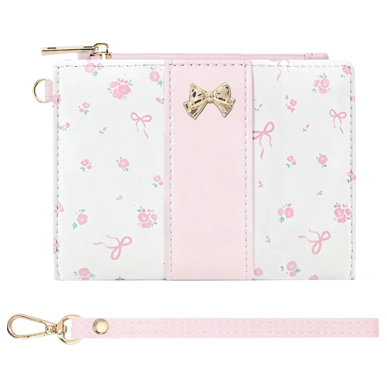 Pink Floral Bow Wristlet Wallet for Women Small Card Wallet with Coin Pocket