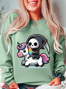 Unicorn Pattern Print Women's Round Neck Sweatshirt, Casual Fitted Style for Fall & Winter, Comfortable Ladies' Top