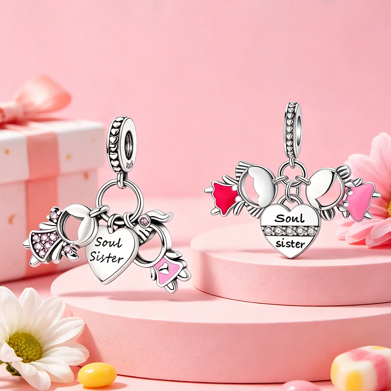 Cute 925 Sterling Silver Soul Sister Dangle Charm, Pink Enamel CZ Engraved Heart, for Best Friend Snake Chain Charm Bracelets, Adults' Casual Women's Jewelry Birthday BFF Gift, Diy Jewelry, Cz Accents