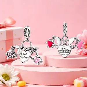 Soul Sister Dangle Charms 925 Sterling Silver, Pink Enamel CZ Engraved Heart, For Charm Bracelets Bracelet Stack Women Jewelry Friendship Birthday BFF Gift