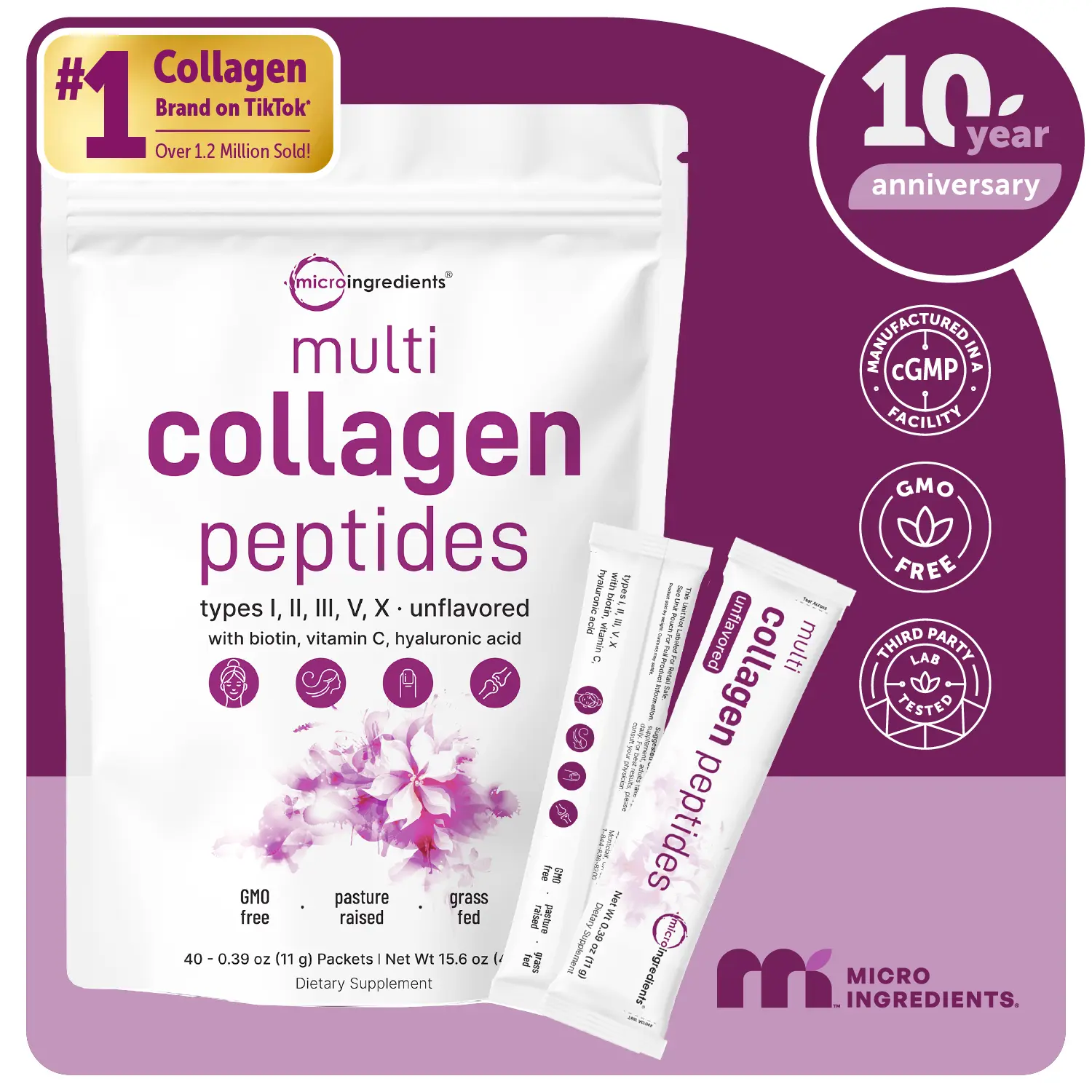 [Live Exclusive] Micro Ingredients Multi Collagen Peptides Powder 40 Packets - Hydrolyzed Protein Peptides (Type I,II,III,V,X) with Hyaluronic Acid, Biotin & Vitamin C Unflavored