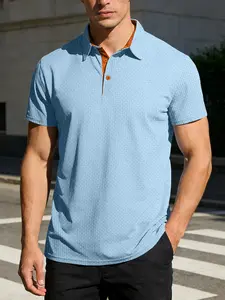New men's bamboo-stripe seersucker polo shirt, contrasting placket and button placket, casual collarless top, comfortable andable fabric, men's summer daily outfit, Breathable