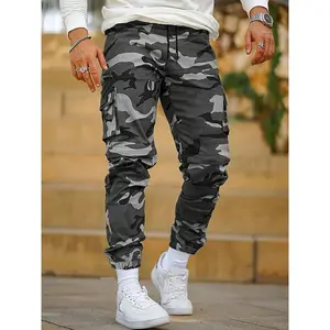 Men's Camouflage Graphic Print Cargo Joggers - Loose Fit + Multi-Pockets, Drawstring Waist Outdoor Pants