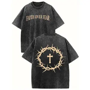 Holafish Acid Washed Shirt  "FaithOverFear "Print Casual Graphic Tee Half Short Sleeves Crew Neck Summer Comfortable Cotton Top for Women - Fit Womenswear Everyday T-Shirt Shortsleeve Black Crewneck Streetwear Tshirt