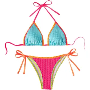 Women's 2 Piece Color Blcok Bikini Sets Halter Tie Side Bathing Suit Vacation Cruise Swimsuit