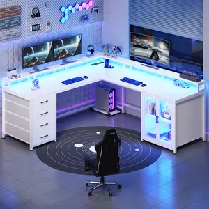 SEDETA 109 Inch L Shaped Gaming Desk with 4 Drawers Display Cabinet Computer Desks with 2 Monitor Stands CPU Stand LED Lights and Power Outlet