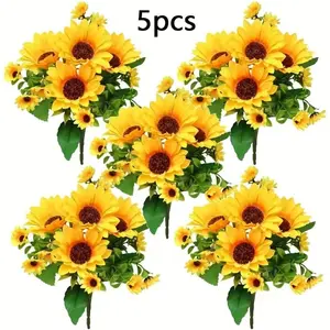 5 Bundles Artificial Sunflower Bouquets, Realistic and Floral Arrangements, Silk Flowers for Weddings, Parties, Home Decor