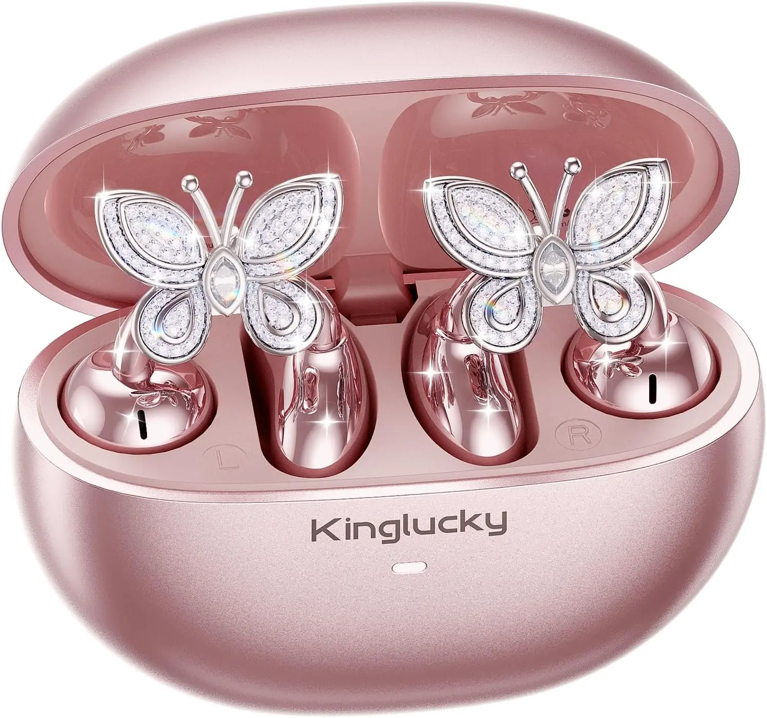 Kinglucky Women's Stylish Open-Ear Clip-On Audio Headphones with Detachable Butterfly Earrings, Lightweight Comfortable Fit, Ideal for Work & Running, Pink