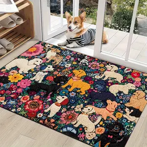 1 piece of washable retro-style dog and flower-pattern entrance floor mat. Made of velvet material, suitable for entrance/living room home decoration in the bathroom. Non-Slip Set Doormat Carpet Flannel Kitchen rug bath flooring accessories
