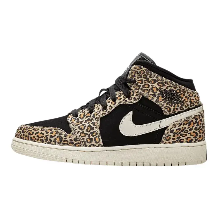 NIKE Women's & Youth Air Jordan 1 Mid SE GS Sneakers - Premium Leather, Animal Print, Lace-Up, Rubber Sole, Cushioning Support for Everyday Wear, Leopard, Sporty Chic, Casual, Shoe, Walking Shoes, Footwear, Lifestyle, Athletic, Lightweight, Cushioned Sole