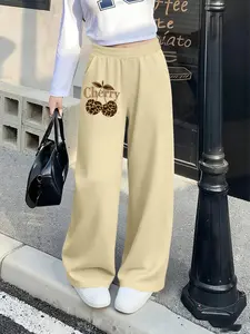 Girls' Exquisite Cherry Wide-Leg Pants: Leopard Cherry + Letter Print + Soft Drape Fabric, Sweet-Cute Girl Style, Gentle Design for Temperament, Ideal for School & Play(Excluding bags)