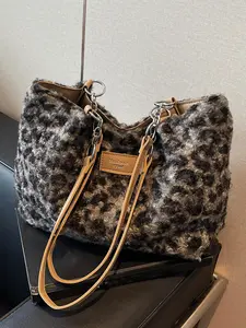 Women's Fashion Leopard Print Plush Tote Bag, Casual Large Capacity Shoulder Bag for Work & Daily Used, Trendy All-match Bag for Commuting, Shopping & Dating