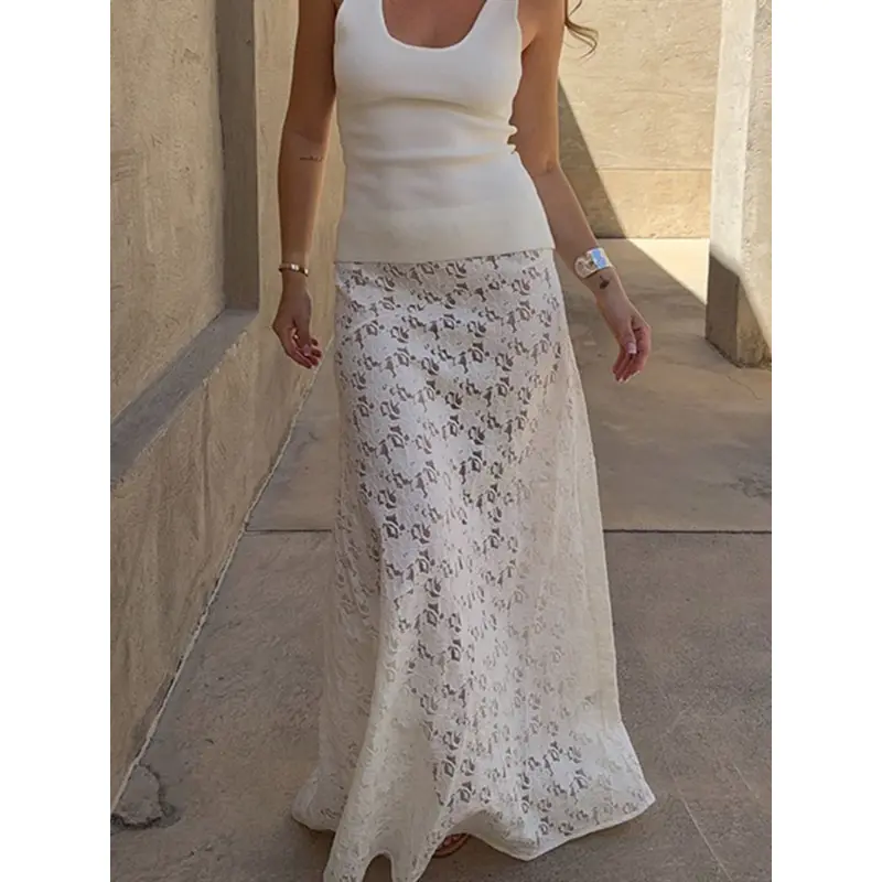 Women's Elegant Sheer Floral Lace Maxi Skirt - Female Fitted A-Line Cover-Up, Maxi Length, Hand-Measured, Cold Wash for Summer Beachwear, Check