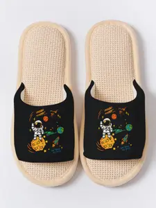 Vintage Cartoon Astronaut Print Toe-Open Slippers, Soft Sole Home Floor Drag Non-Slip Breathable No Odor, All Seasons Casual Linen Shoes