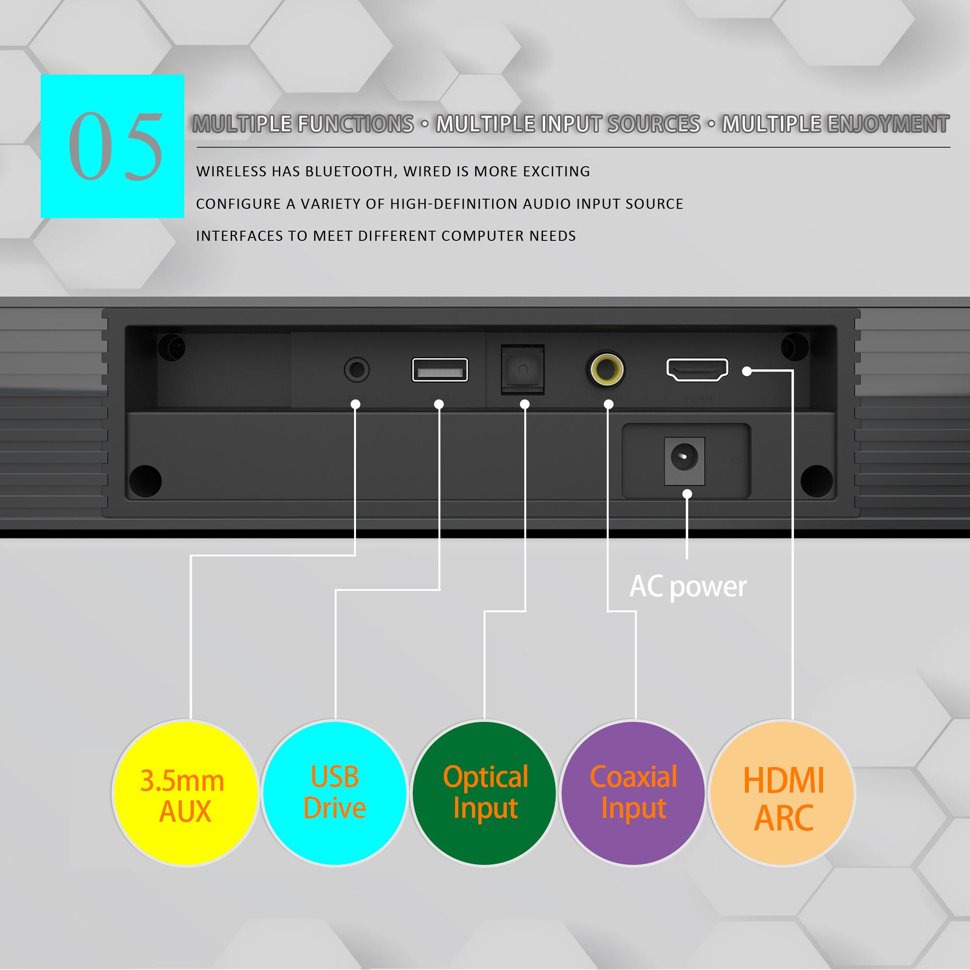 Sound Box, Bluetooth 5.0 Soundbar Speaker, Home Theater 3D Soundbars Bass Subwoofer With ARC,OPT,Coaxial Line Remote Control