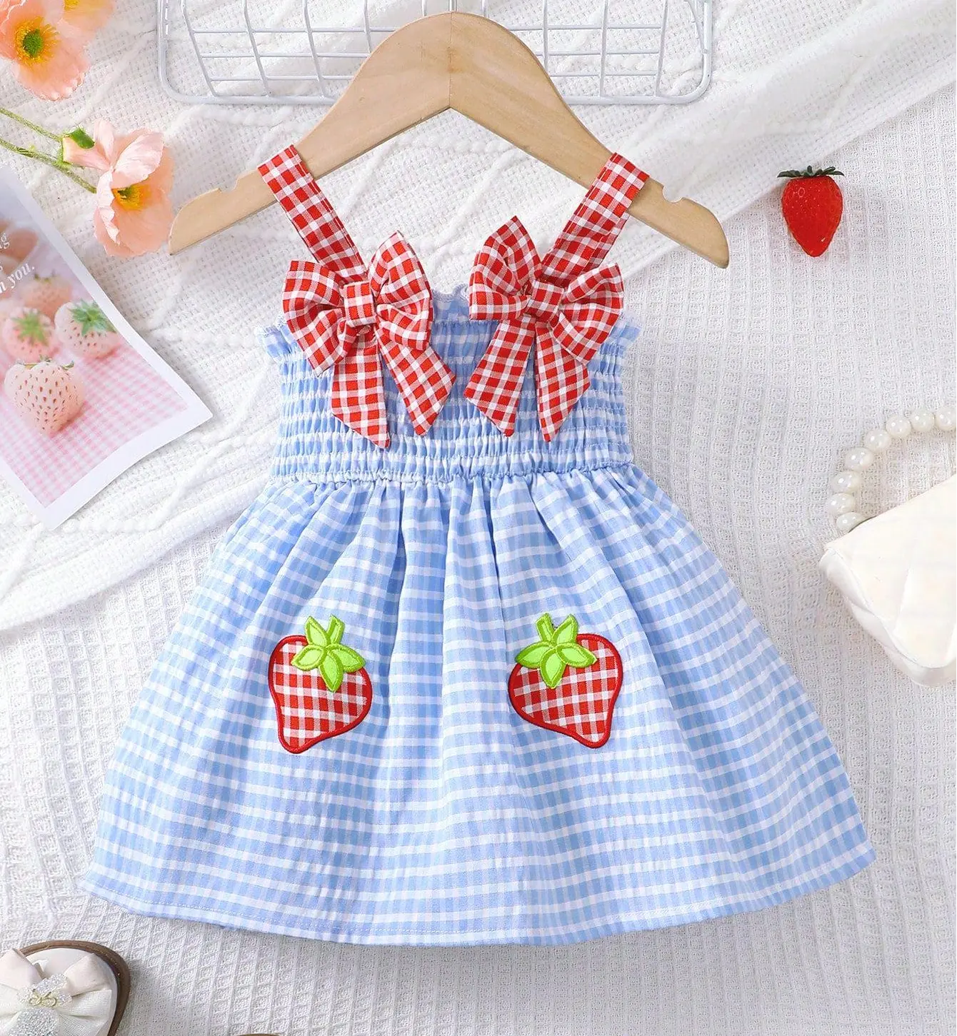 Ready Stock 1-18M Baby Girls Straps Summer Dress Strawberry Plaid  Sleeveless Bow Dress One Piece Sundress Blue 22412121 - TikTok Shop