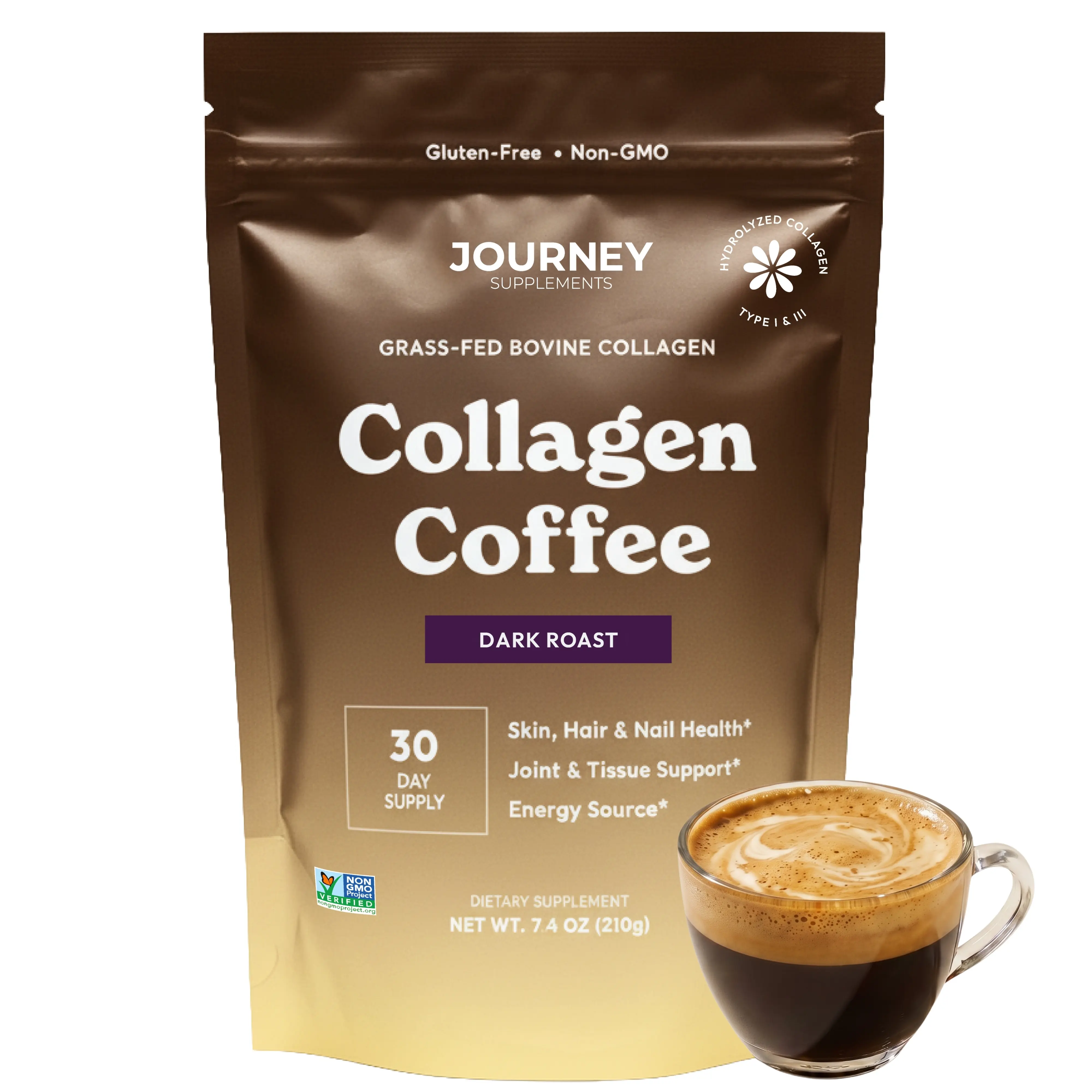 Collagen Coffee Dark Roast – 5 g Bovine Hydrolyzed Collagen + Instant Coffee Blend, Supports Skin Hair & Nail Health, Joint & Tissue Support, Energy & Vitality* – Dark Roast Coffee - 30 Servings
