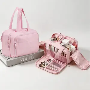 Large Capacity Travel Makeup Bag, Waterproof Multi-Compartment Toiletry Bag with Wide Handle, Portable Cosmetic Organizer for Women Travel Commute Gym Bathroom