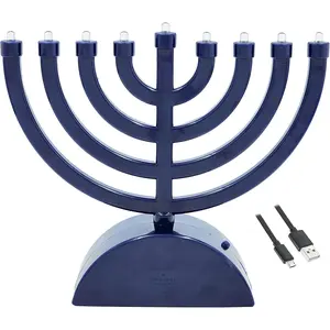 Blue Mini Electric LED Menorah, 7.3" Travel Hanukkah Menorah, Battery or USB Powered, 4' Micro USB Cable Included