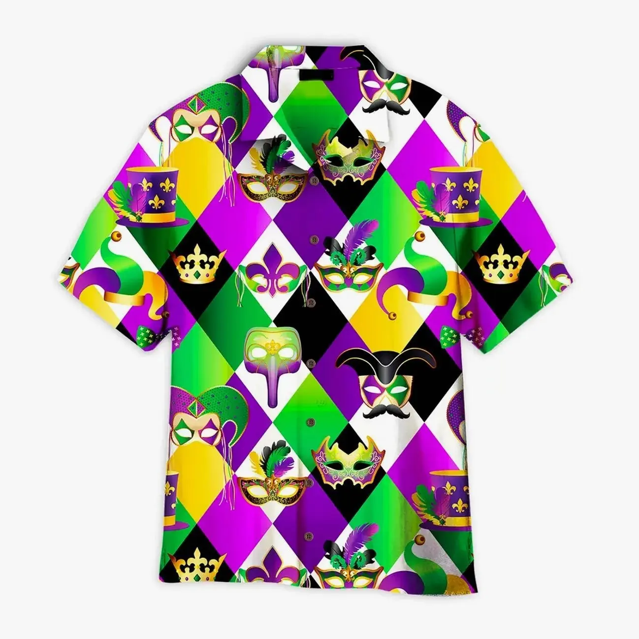 Golden Carnival Masks On Mardi Gras Colorful Crown Hawaiian Shirt O