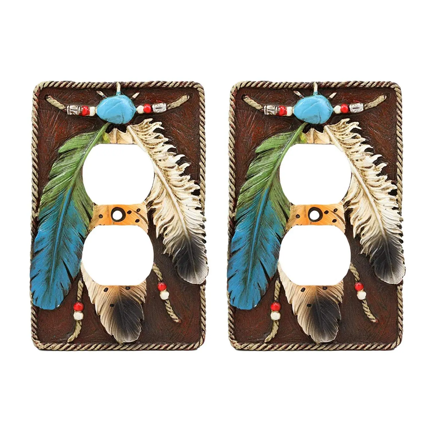 Ebros Gift Exclusive Southwestern Native 3-Feathers Beaded Double Receptacle Outlet Cover Set (2 Pcs, 5" High) - Home Decor for Southwestern Decor Enthusiasts, Decorating Living Room, Great Gift Idea