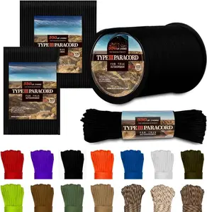 Type III Paracord 550 Paracord Rope Parachute Cord, 50' Black for Survival Rope, Survival Cord