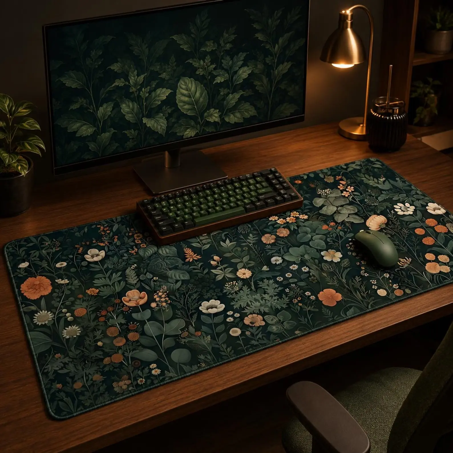 Botanical Floral Desk Mat, Dark Green Flower Mouse Pad, Cottagecore Gaming Deskmat