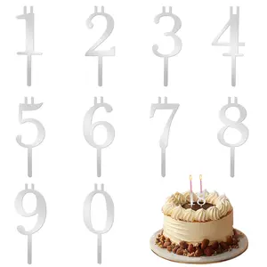 10pcs Reusable Number Candle Holder Set, Stainless Steel Candles Stand, Silver Color Cake Topper Decorations, Birthday & Anniversary Celebrations