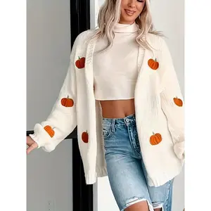 Women's Cozy Pumpkin Knit Cardigan - Open Front Long Sleeve Loose Sweater Coat for Fall, White with Orange Pumpkin Design, Perfect for Autumn and Winter Casual Wear, Fall Fashion Top |   Pumpkin Embroidery Cardigan |   Glossy Finish Fabric