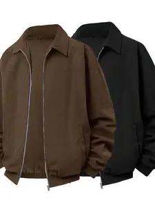 【Plus Size】 Solid Color Collared Jacket, Regular Fit Casual Long Sleeve Zip Up Outerwear for Winter, Men's Clothes for Daily Wear