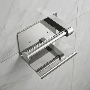 304 Stainless Steel Tissue Holder, Wall-Mounted Punching Toilet Paper Roll Holder with Mobile Phone Storage Compartment for Hotel Restrooms and Bathrooms